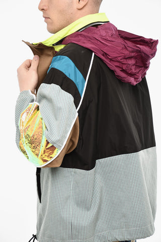 Multi Fabrics Windbreaker With Hidden Hood