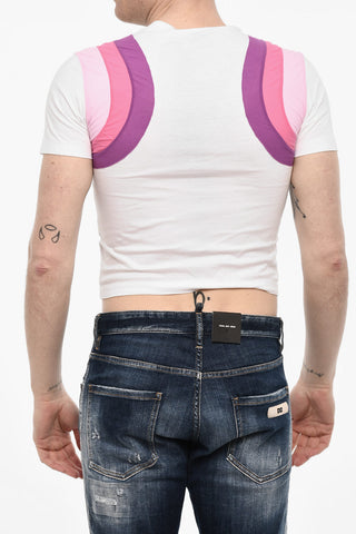 T-shirt Girocollo Cropped Con Bande a Contrasto