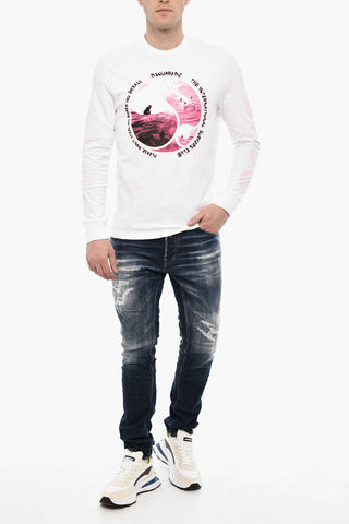 T-shirt Girocollo in Cotone a Maniche Lunghe