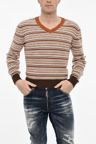 Striped Cotton Blend V-neck Sweater