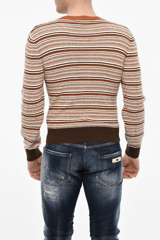 Striped Cotton Blend V-neck Sweater