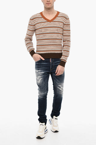 Striped Cotton Blend V-neck Sweater