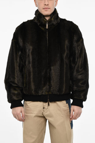 Vegan Fur Bomber With Faux-Leather Logo