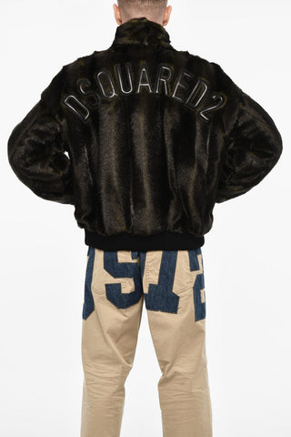Vegan Fur Bomber With Faux-Leather Logo
