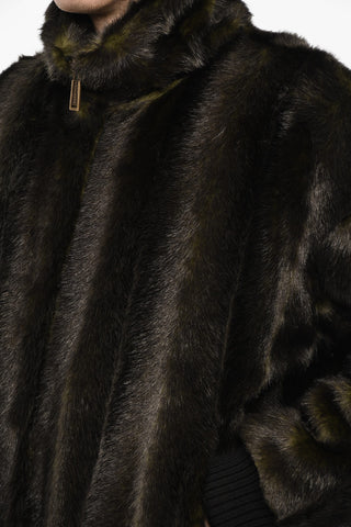 Vegan Fur Bomber With Faux-Leather Logo