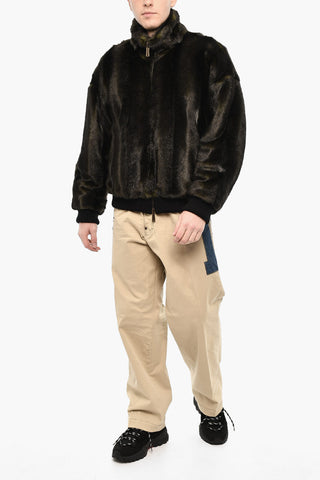 Vegan Fur Bomber With Faux-Leather Logo
