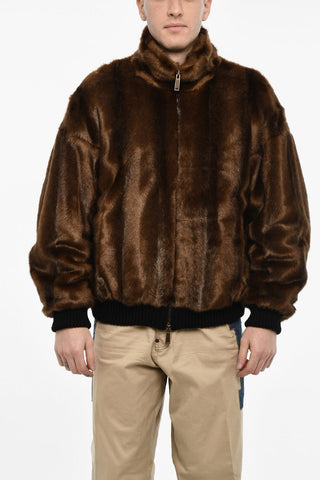 Bomber In Pelliccia Vegana Con Logo In Ecopelle
