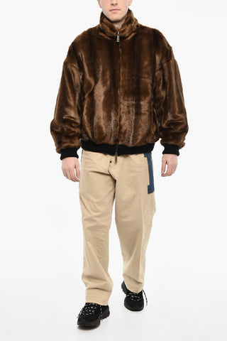 Vegan Fur Bomber With Faux-Leather Logo