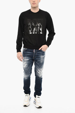 Felpa Girocollo In Misto Cotone con Monogram in Paillettes
