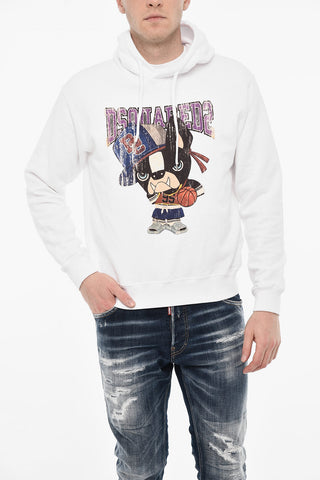 Felpa Hoodie in Cotone Garzato con Stampa