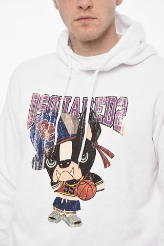 Felpa Hoodie in Cotone Garzato con Stampa