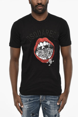 T-shirt Girocollo In Cotone con Ricamo Frontale