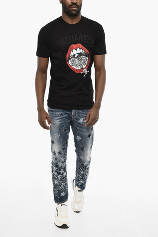 T-shirt Girocollo In Cotone con Ricamo Frontale