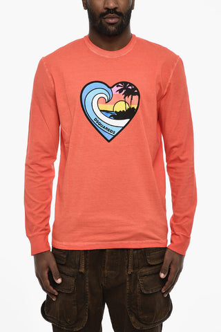 Long Sleeve Crew-neck T-shirt with Heart Print