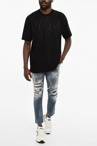 Rhinestone Cotton Crew-neck T-shirt