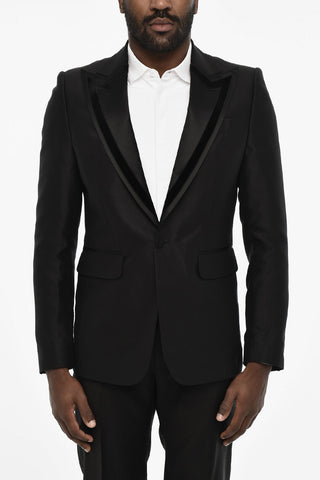 wool and silk side vents peak lapel 1-button blazer