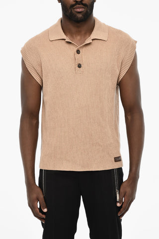 Maglia in Cotone Senza Maniche con Dettaglio in Pelle e Collo a Polo