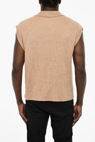Maglia in Cotone Senza Maniche con Dettaglio in Pelle e Collo a Polo