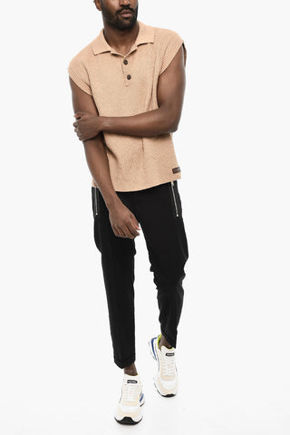 Maglia in Cotone Senza Maniche con Dettaglio in Pelle e Collo a Polo