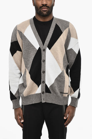 V-Neck Color Block Virgin Wool Cardigan