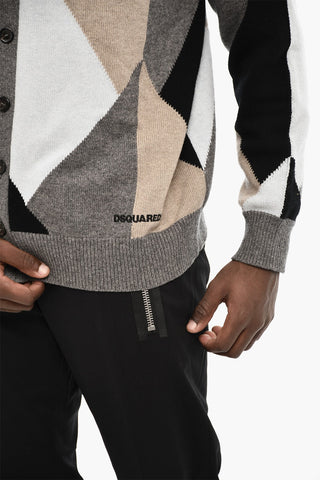 V-Neck Color Block Virgin Wool Cardigan