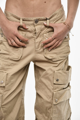 Distressed Cargo Pants with Logo Buttons