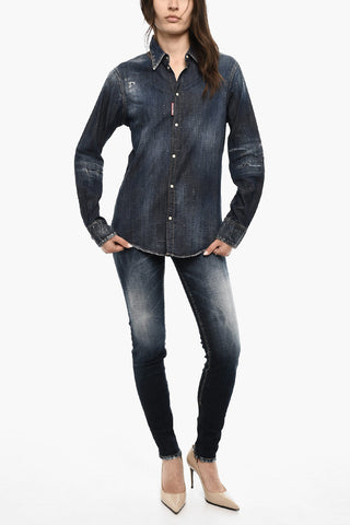 데님 셔츠 스트라스 장식 스냅 버튼