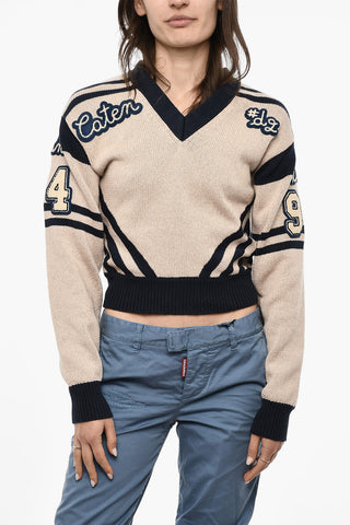 V-Neck Cotton Sweatshirt With Embroidered Logo