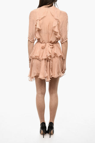 Short-Sleeve Silk Dress with Ruffles