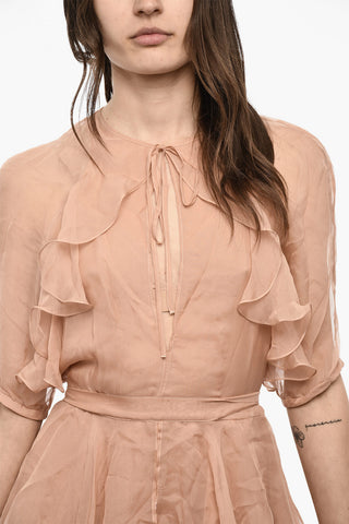 Short-Sleeve Silk Dress with Ruffles