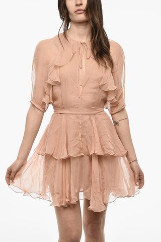 Short-Sleeve Silk Dress with Ruffles