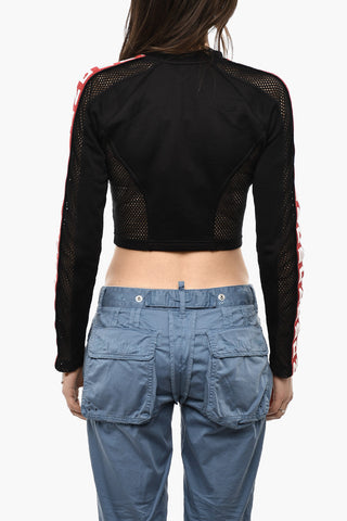 Cropped Zipped Sweatshirt With Mesh Details And Logoed Bands