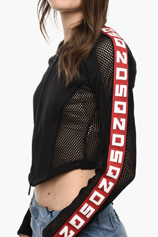 Cropped Zipped Sweatshirt With Mesh Details And Logoed Bands