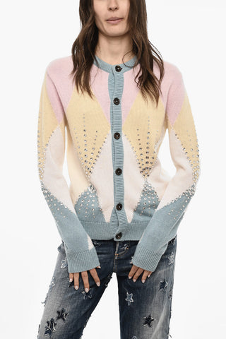 Color Block Virgin Wool Cardigan with Jewels