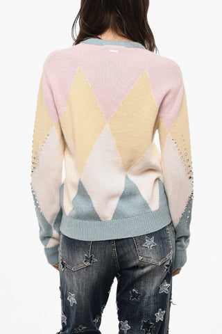 Color Block Virgin Wool Cardigan with Jewels