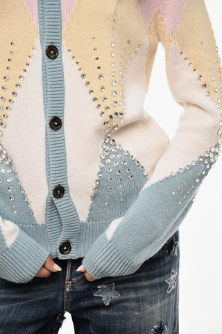 Color Block Virgin Wool Cardigan with Jewels
