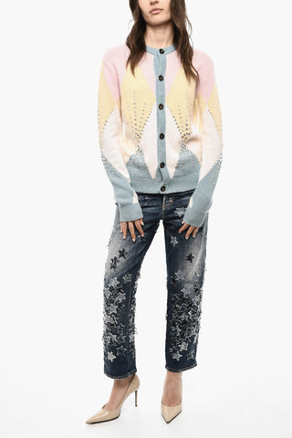 Color Block Virgin Wool Cardigan with Jewels