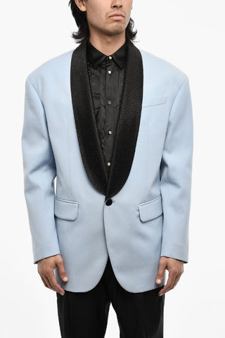 Oversize One-Button Cotton Jacket with Strass Lapel