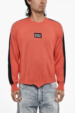 Asymmetrical Cut Crew-Neck Sweater with Contrasting Band