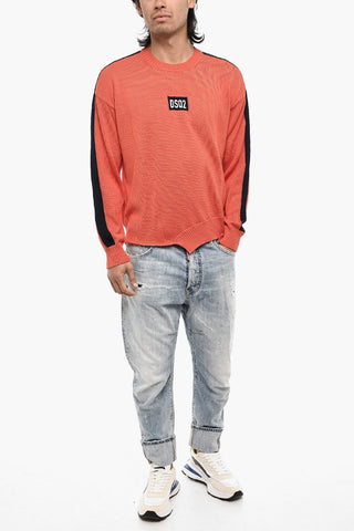 Asymmetrical Cut Crew-Neck Sweater with Contrasting Band