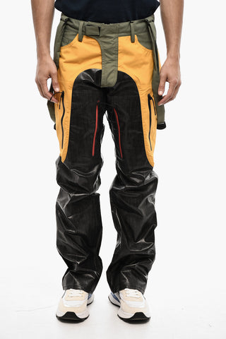 Coated Cotton Tricolor Casual Pants with Suspenders