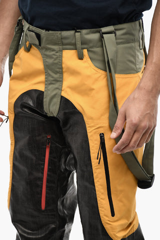 Coated Cotton Tricolor Casual Pants with Suspenders