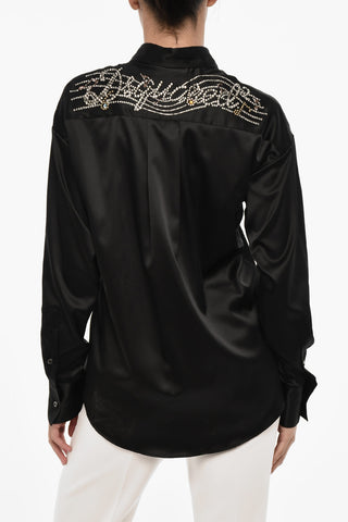 Blusa In Satin a Tinta Unita con Gioielli sul Retro