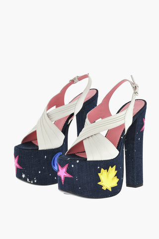 Leather EVENING Denim Lined Sandals With Patches Heel 17 cm