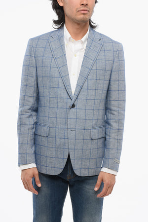 Blazer In Misto Lino A Quadri Monopetto