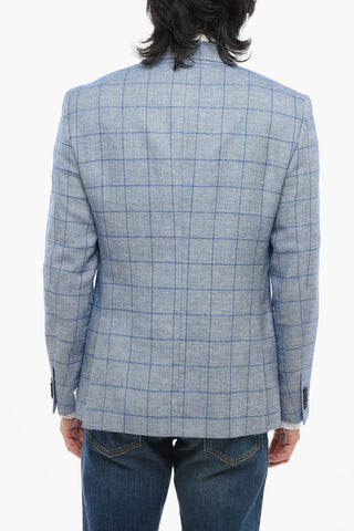 Blazer In Misto Lino A Quadri Monopetto