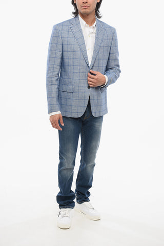 Blazer In Misto Lino A Quadri Monopetto