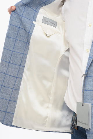 Blazer In Misto Lino A Quadri Monopetto