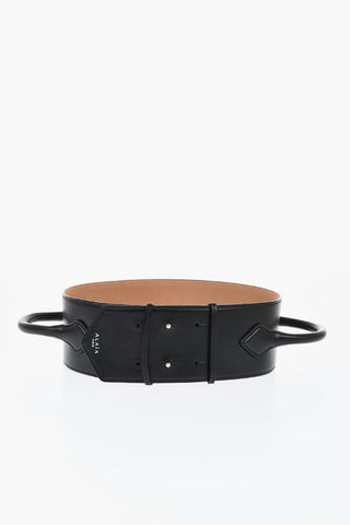 Buttoned Closure Leather Belt with Handles
