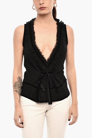 Sheer V Neck Top with Bow